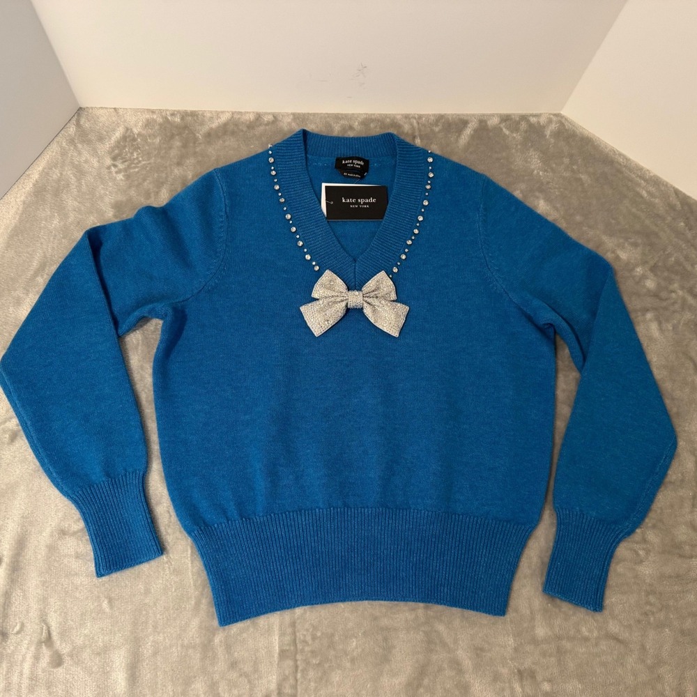 Kate Spade Rhinestone Bow V-Neck Sweater Crystal Embellished Blue XS Elegant New